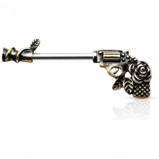 Piercing téton en forme de pistolet revolver à rose vintage - Antique Gold