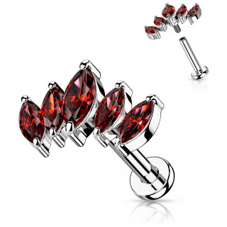 Piercing tige labret  ventail de zirconiums rouges en amandes (lvre, hlix...)