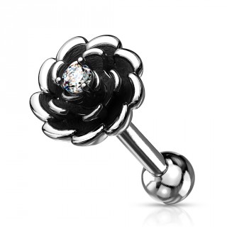 Piercing tragus fleur argente et noircie  strass - Clair