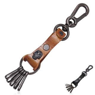 Porte-clés trousseau avec crane sur lanière de cuir