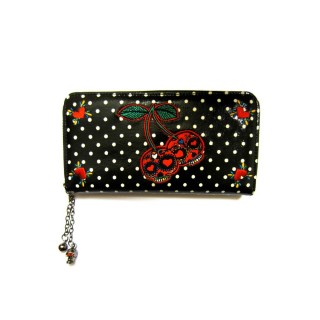 Portefeuille goth-rockabilly Banned  pois et cerises en cranes de sucre