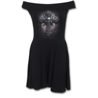 Robe gothique  col bardot avec croix  tte de mort aile