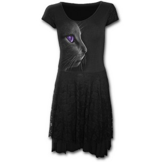 Robe gothique noire  manches courtes avec chat mystique de profil