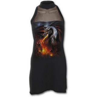 Robe gothique noire sans manches avec dragon crachant de la lave sur une glise