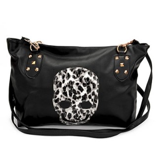 Sac  main en similicuir noir avec tte de mort bicolore