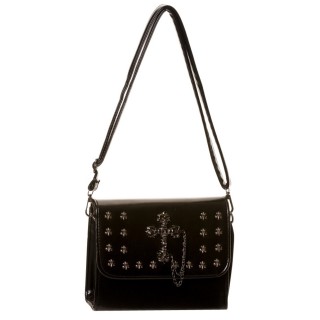 Sac  main gothique Banned noir  chaine, croix et inserts fleurs de lys