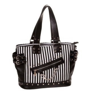 Sac  main punk-rock Banned rivet noir et blanc  rayures avec menottes