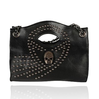 Sac  main similicuir noir avec tte de mort, rivets et chaine mtal