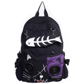 Sac à dos goth-rock Banned noir et violet à tête de chat avec les yeux en enceintes