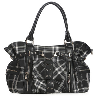 Sac  main Banned punk-rock  tartan noir et blanc avec menottes