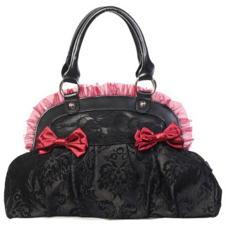 Sac  main goth-rock Banned noir  dentelle, noeuds papillon rouges et froufrou