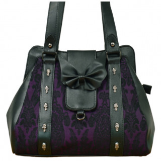 Sac  main gothique noir  motif floral violet, cranes et noeud chauve-souris - Banned