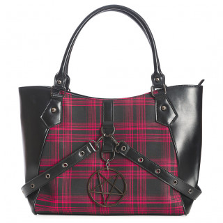 Sac  main  lanires perfores, pentacle invers et tissu tartan rouge - Banned