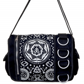 Sacoche bandoulière Banned gothique noire à motifs ésotériques et anneaux métalliques