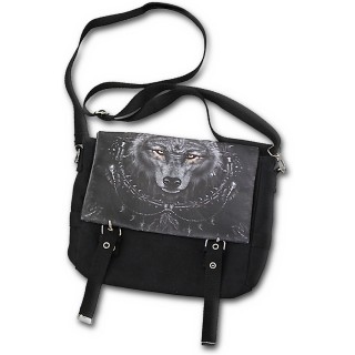 Sacoche noir en coton avec loup et motifs amrindiens