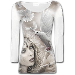 T-shirt blanc  col large avec avec femme ange et colombes