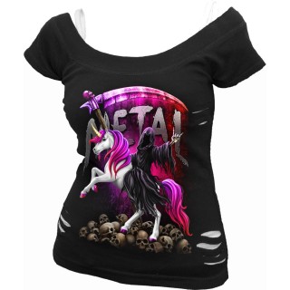 T-shirt dbardeur (2en1) femme  Faucheuse sur une licorne et crnes au sol