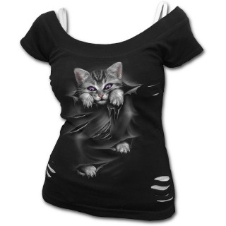 T-shirt débardeur (2en1) femme gothique avec chat gris à griffes sorties et déchirures