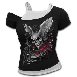 T-shirt dbardeur (2en1) femme gothique avec crane ail et roses