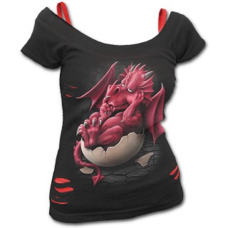 T-shirt dbardeur (2en1) femme gothique avec dragon dormant sur son oeuf