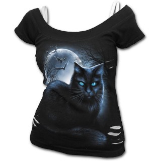 T-shirt dbardeur (2en1) femme gothique  chat noir avec pleine lune et chauves souris