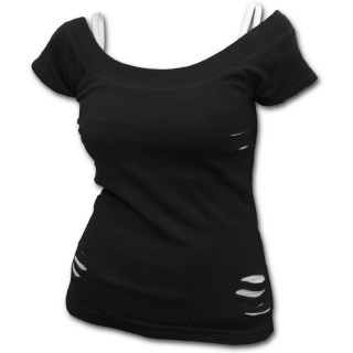 T-shirt débardeur (2en1) gothique noir pour femme à griffures blanches