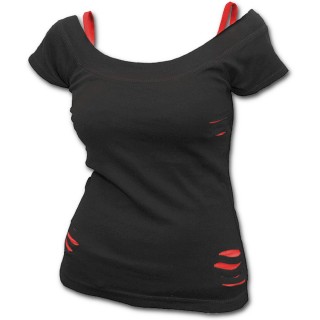T-shirt débardeur (2en1) gothique noir pour femme à griffures rouges