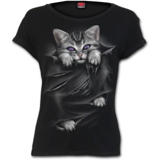 T-shirt femme avec chat gris à griffes sorties et déchirures