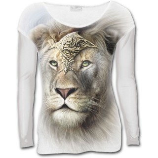 T-shirt femme blanc  col large avec Lion fier en armure