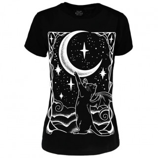 T-shirt femme chat noir à ailes de chauve-souris jouant avec la lune - RESTYLE