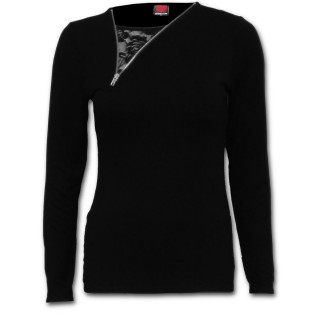 T-shirt femme goth-rock 2en1  manches longues et zip oblique sur dentelle