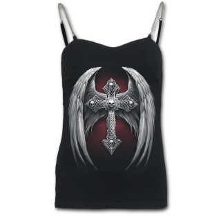 T-shirt femme gothique avec bretelles  chaines et croix macabre  ailes d'ange