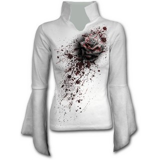 T-shirt femme gothique blanc  manches amples avec rose ensanglant et claboussures