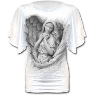 T-shirt femme gothique blanc  manches voiles avec vierge Marie  ailes d'ange