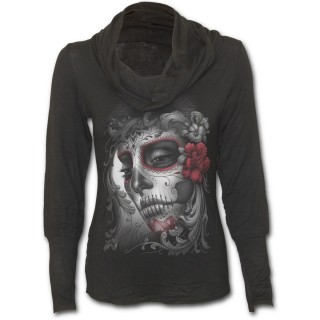 T-shirt femme gothique  col bnitier avec femme masque et roses