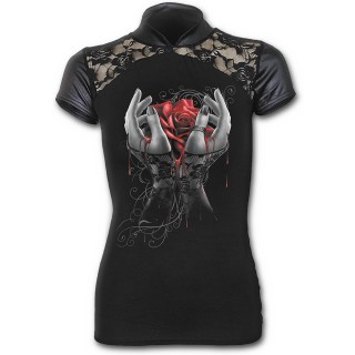 T-shirt femme gothique a col haut avec mains ensanglantes et rose rouge