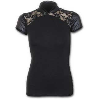 T-shirt femme gothique a col haut et dentelle de roses