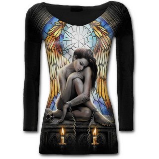 T-shirt femme gothique  col large avec femme enchane et vitrail