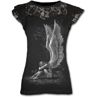 T-shirt femme gothique  manches courtes avec ange  ailes dployes sur pentagramme