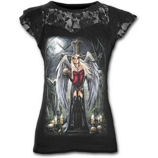 T-shirt femme gothique  dentelle avec ange de la Mort tenant un crane
