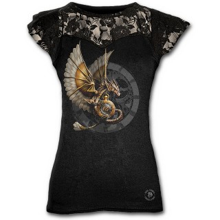 T-shirt femme gothique  manches courtes avec dentelles et dragon SteamPunk