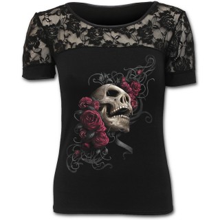 T-shirt femme gothique  dentelle avec tte de mort sur lit de roses et tribal