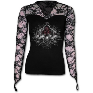 T-shirt femme gothique  dentelle "In Goth we trust" avec anges et tte de mort