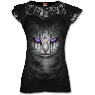T-shirt femme gothique  dentelles avec chat coulant de larmes