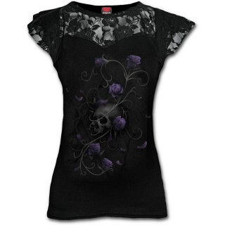 T-shirt femme gothique  dentelles avec crane et roses violettes