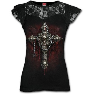 T-shirt femme gothique  dentelles avec croix squelettes et chapelet pentagramme