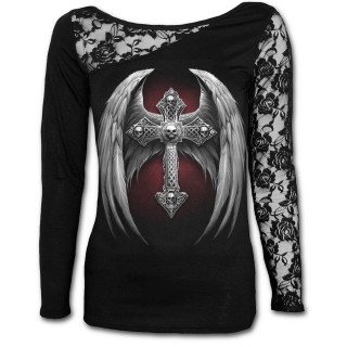 T-shirt femme gothique à manche de dentelle avec croix macabre à ailes d'ange