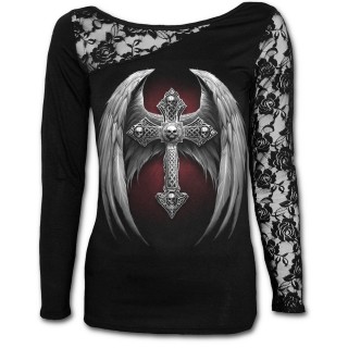 T-shirt femme gothique  manche de dentelle avec croix macabre  ailes d'ange