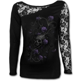 T-shirt femme gothique  manche en dentelle avec crane et roses violettes