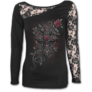 T-shirt femme gothique  manche longue en dentelle avec croix et rose